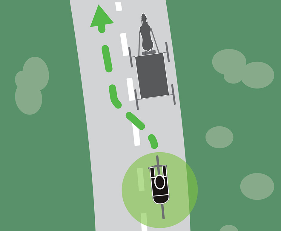 Illustration of bike riding around buggy.