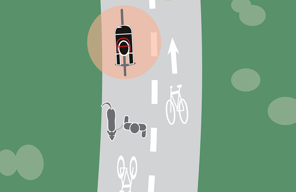 Illustration of bike riding around buggy.