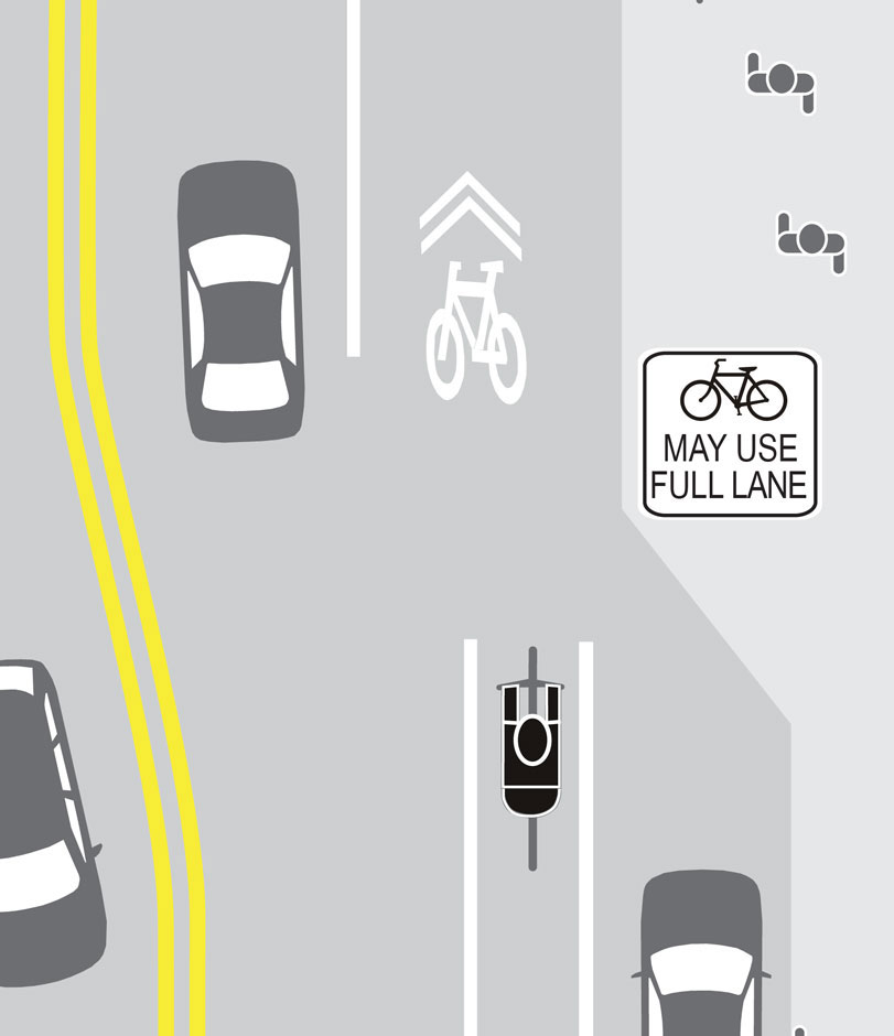 Illustration of bike in bike lane approaching general use lane.