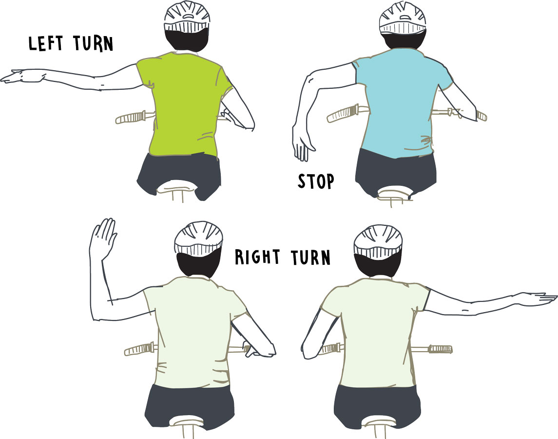 Illustrations of bike riders demonstrating left turn, right turn, and stop signals.