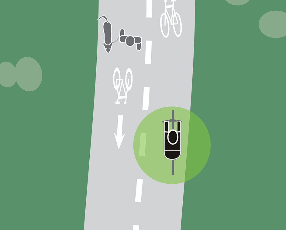 Illustration of bike yielding to people.