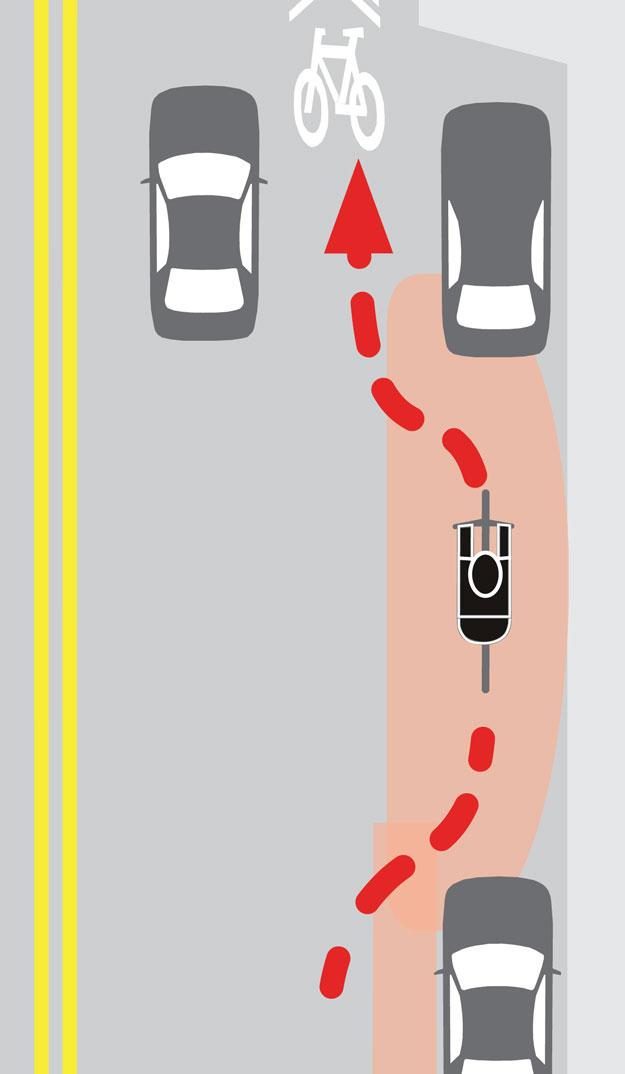 Illustration of bike zig-zgging in and out of traffic.